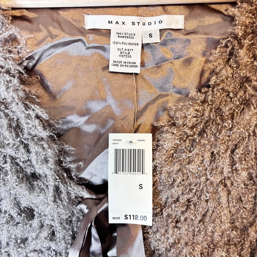 NWT Max Studio Womens Size S Faux Curly Lamb Fur Satin Tie Jacket Super Cute Tan - Picture 6 of 10